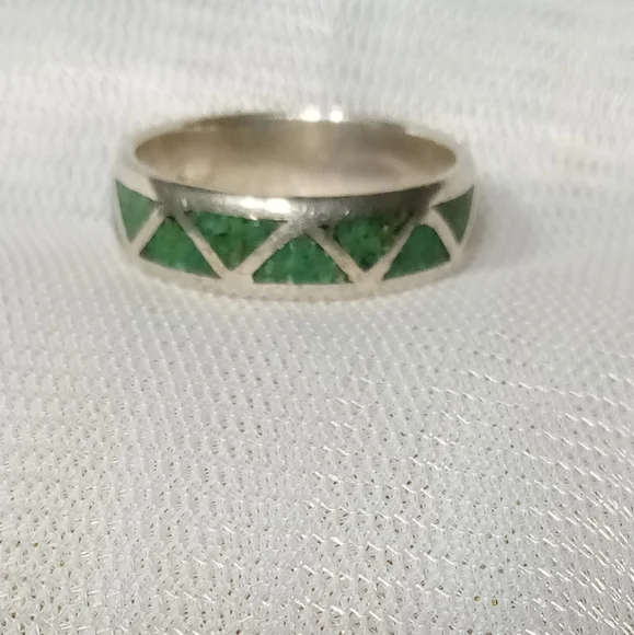 Malachite Gemstone Inlay Sterling Silver Unisex Band Sz 11 - Picture 6 of 9